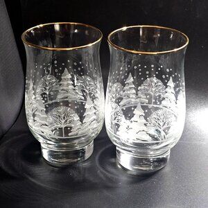 2 Pines White Silhouette Tumblers Glasses 5.25" Lynns China Winter trees gold